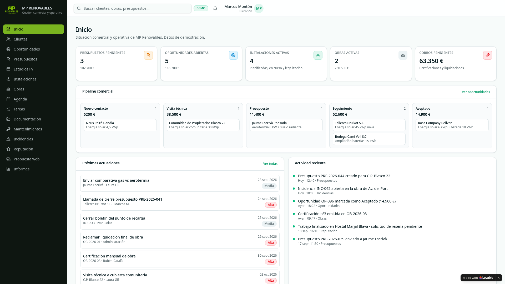 Pantalla del CRM de MP Renovables